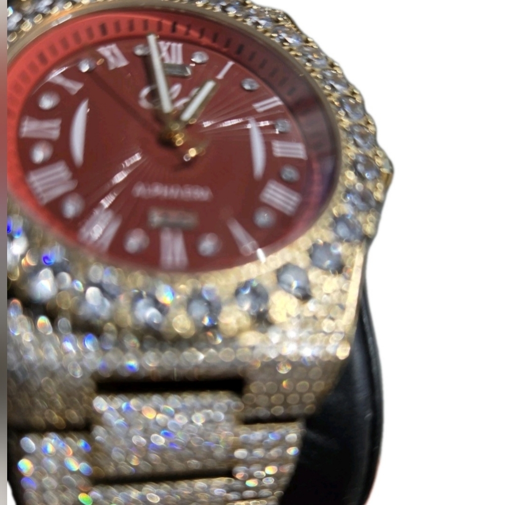GLD Gold Iced Out 42MM Fully Iced Alpha Era® w/Diamond Prong Link Band /Red Face - Picture 6 of 12